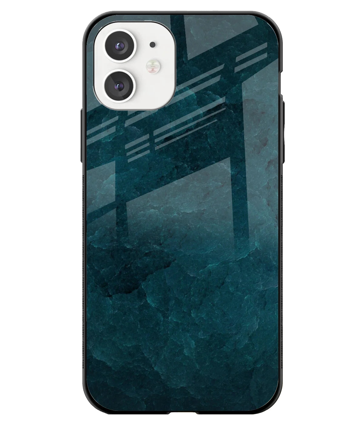 A front-on view of a glass phone case with a colorful design.