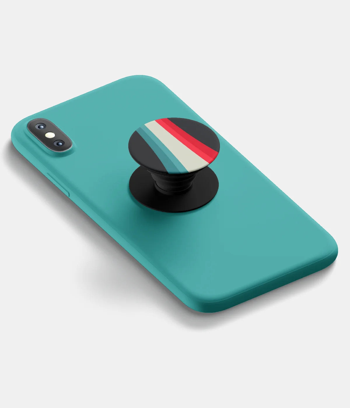 A top-down view of a phone grip holder attached to a mobile phone case on a white background