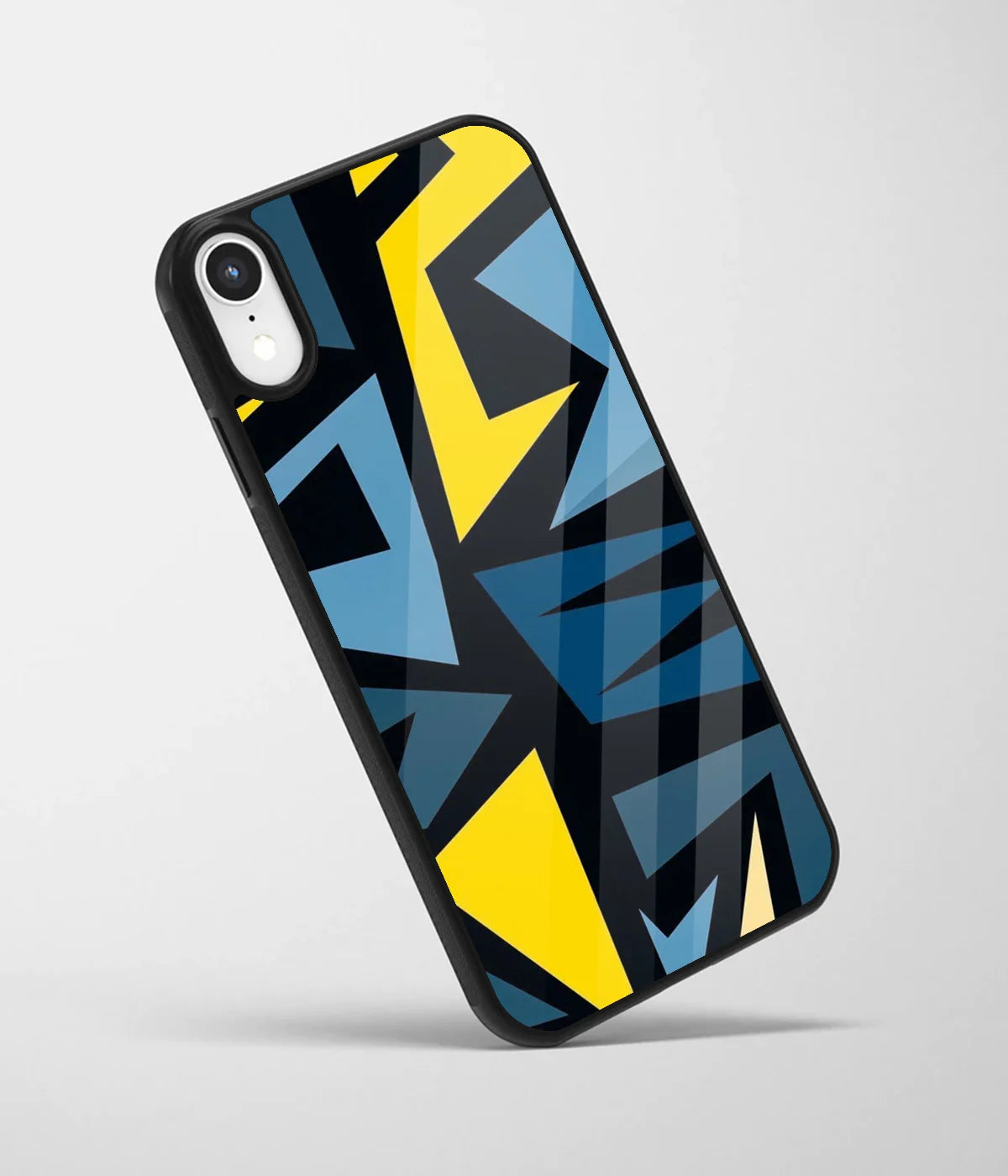 An angled view of a glass phone case featuring a vibrant design.