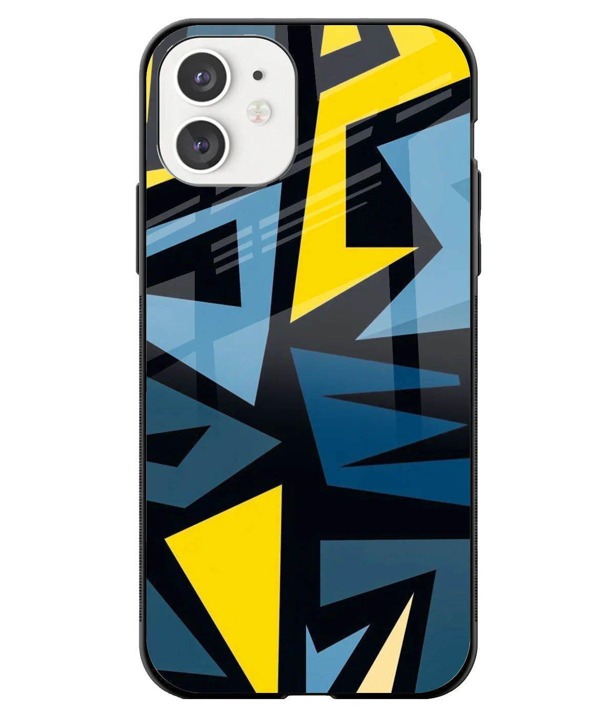 A front-on view of a glass phone case with a colorful design.