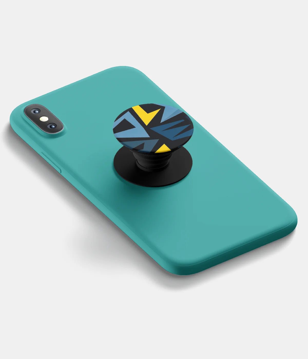 A top-down view of a phone grip holder attached to a mobile phone case on a white background