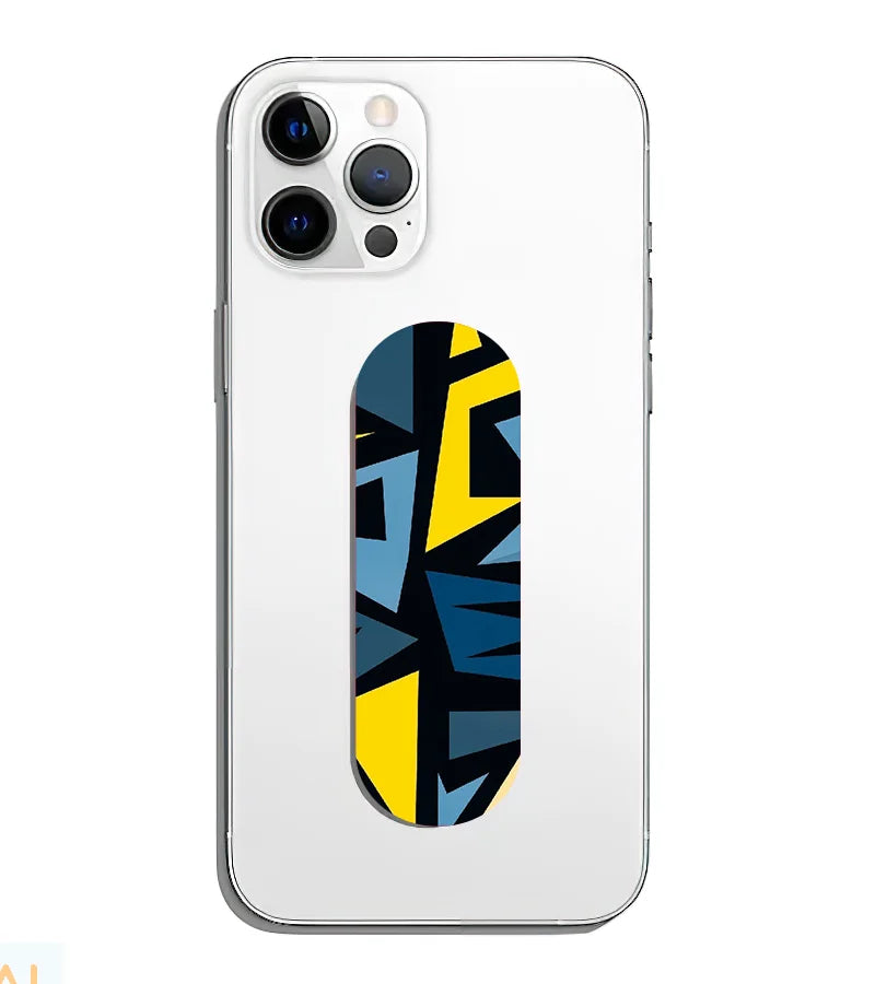 A phone grip slider applied to the back of a smartphone.
