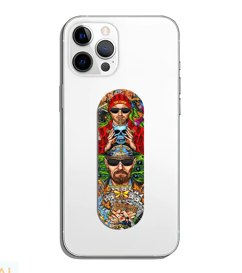 A phone grip slider applied to the back of a smartphone.