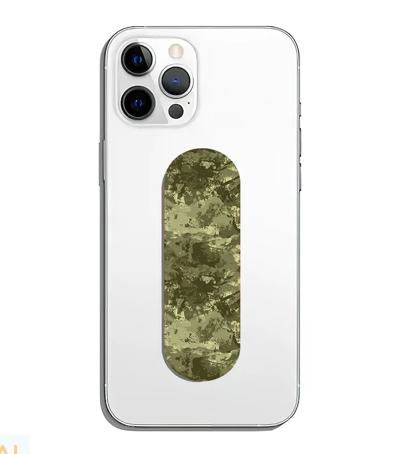 A phone grip slider applied to the back of a smartphone.