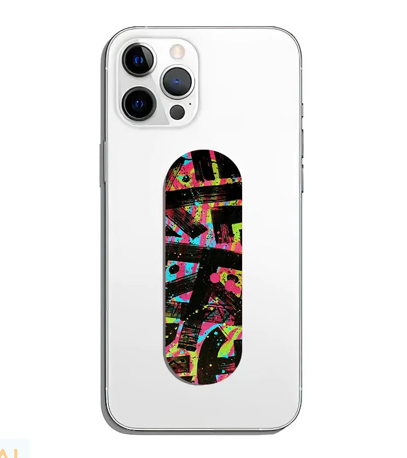 A phone grip slider applied to the back of a smartphone.