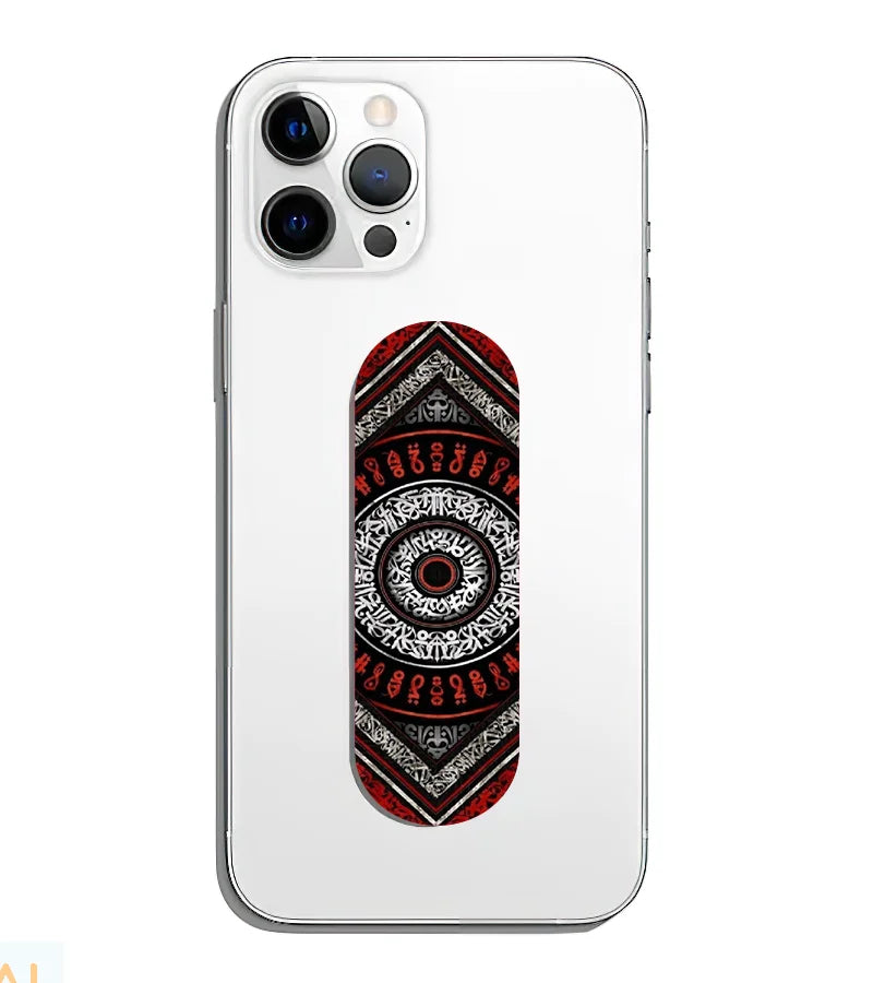 A phone grip slider applied to the back of a smartphone.