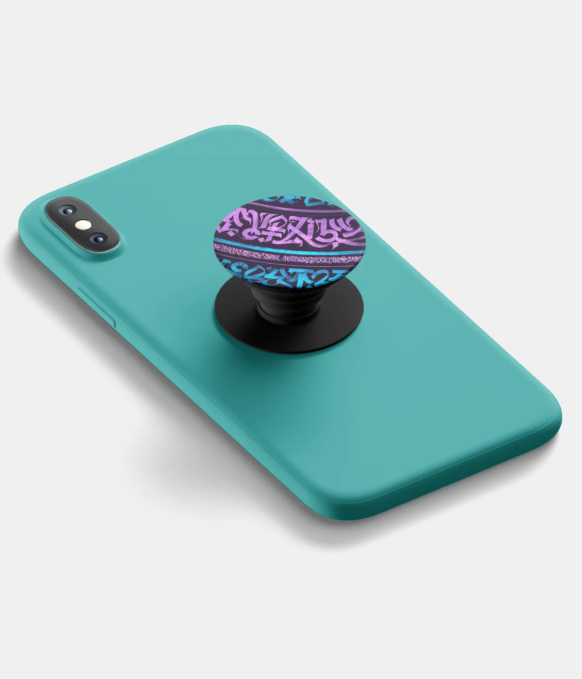 A top-down view of a phone grip holder attached to a mobile phone case on a white background