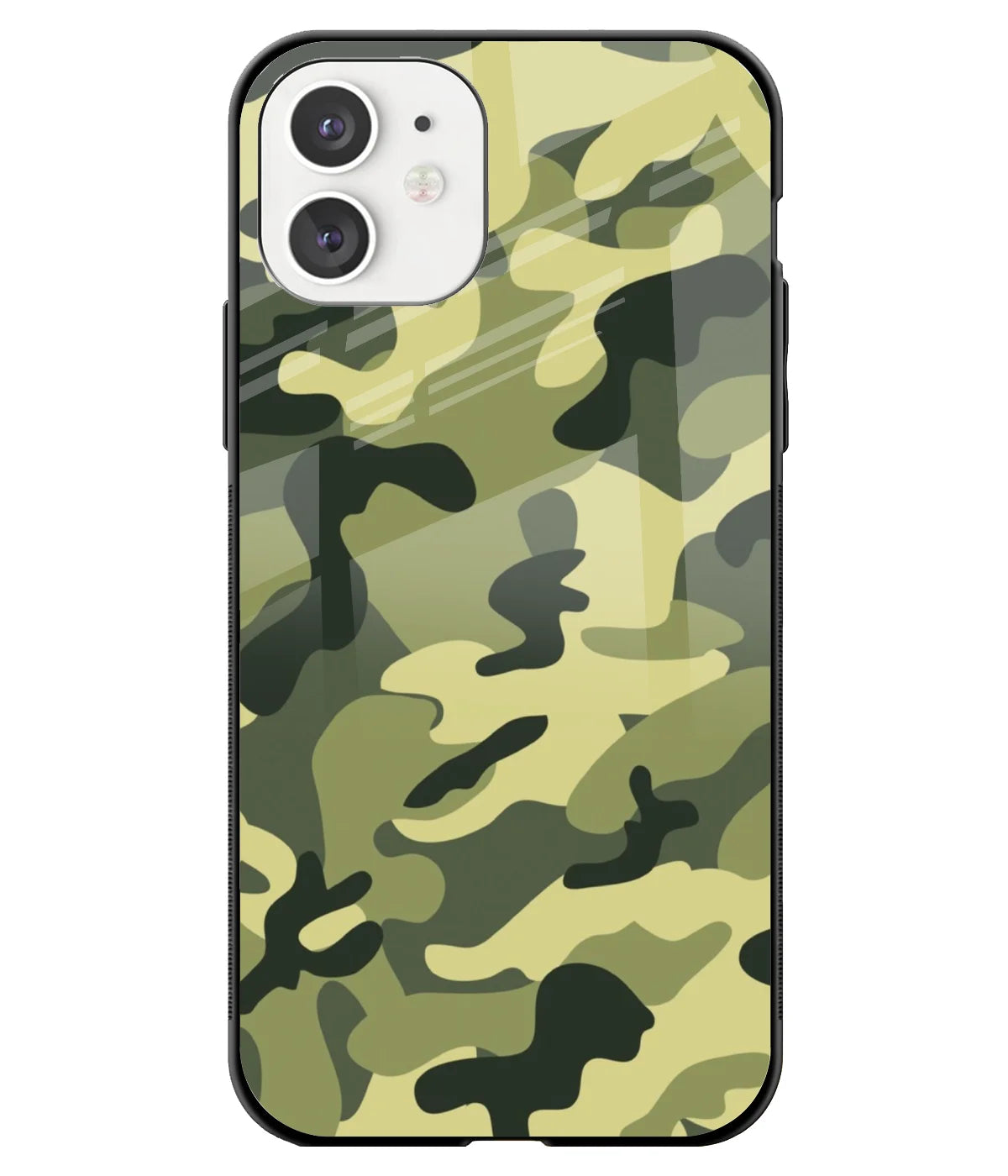 A front-on view of a glass phone case with a colorful design.