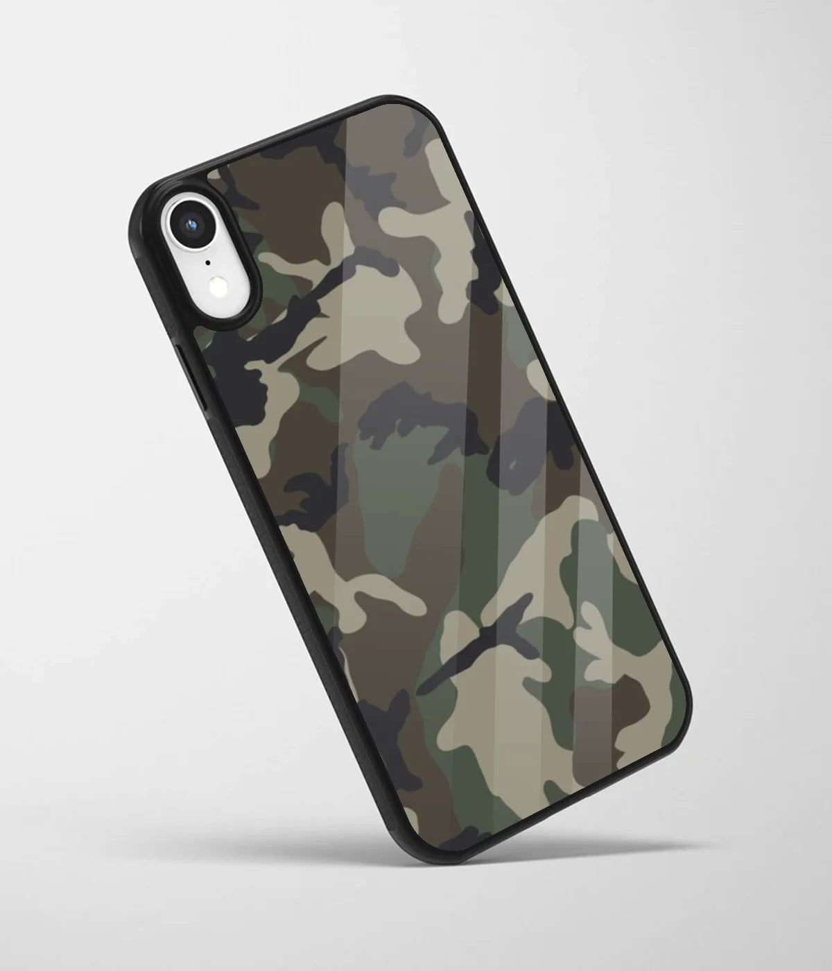 An angled view of a glass phone case featuring a vibrant design.