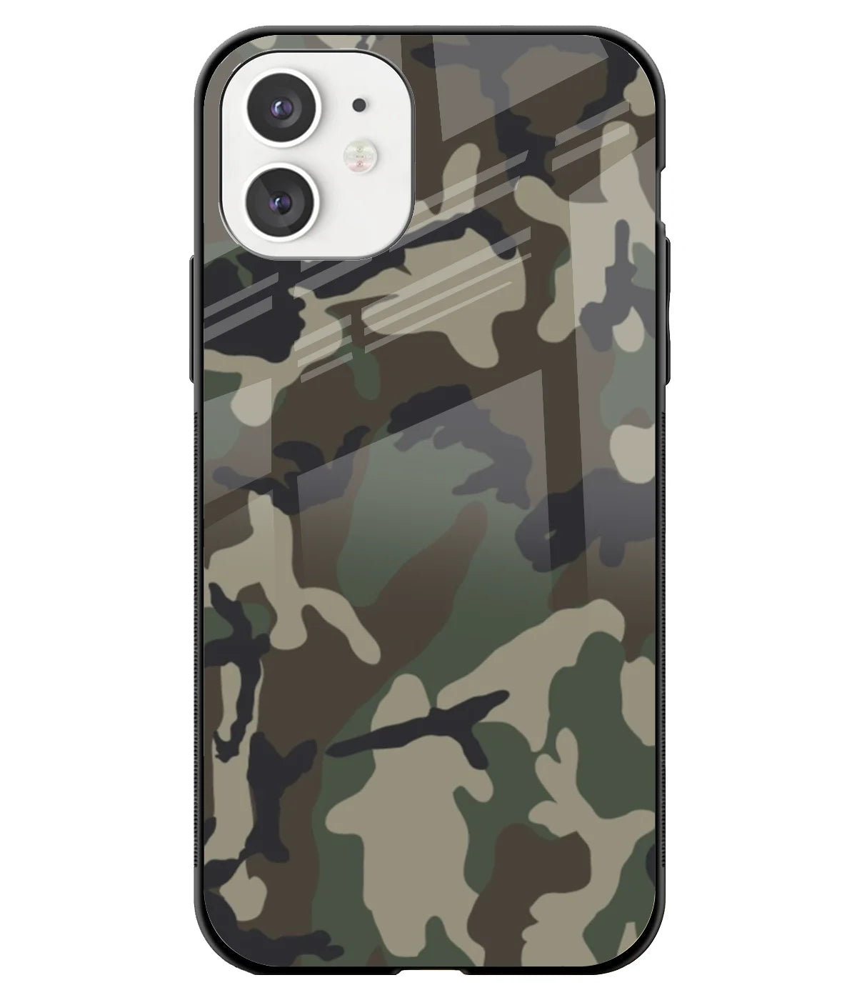 A front-on view of a glass phone case with a colorful design.