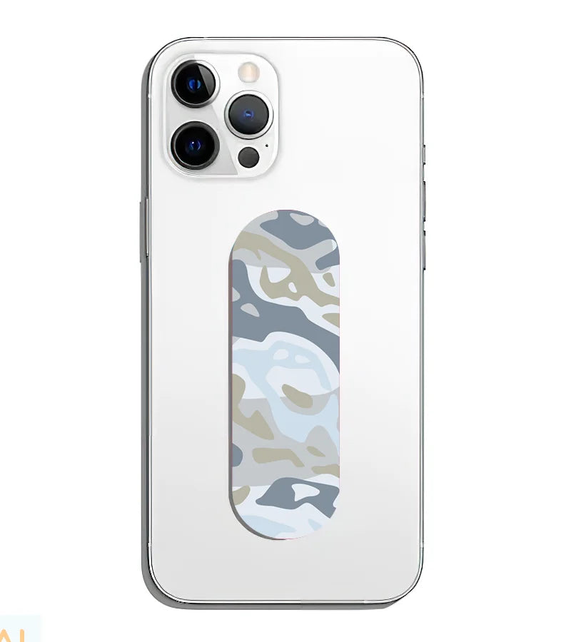 A phone grip slider applied to the back of a smartphone.