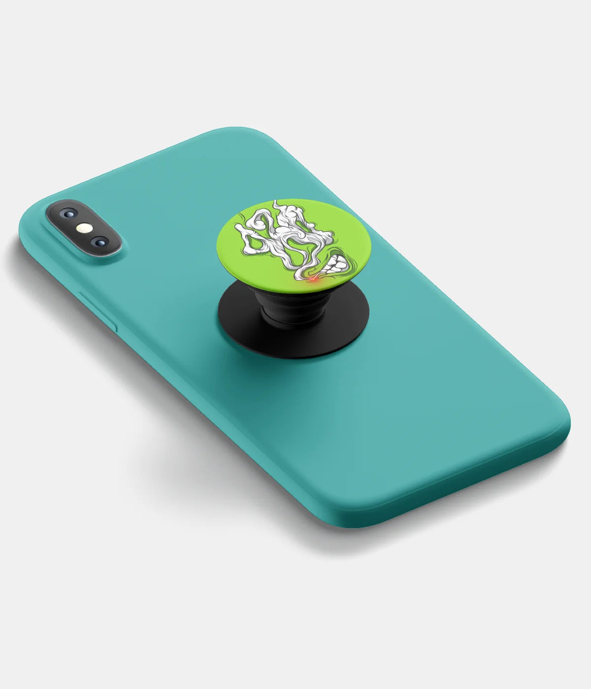 A top-down view of a phone grip holder attached to a mobile phone case on a white background