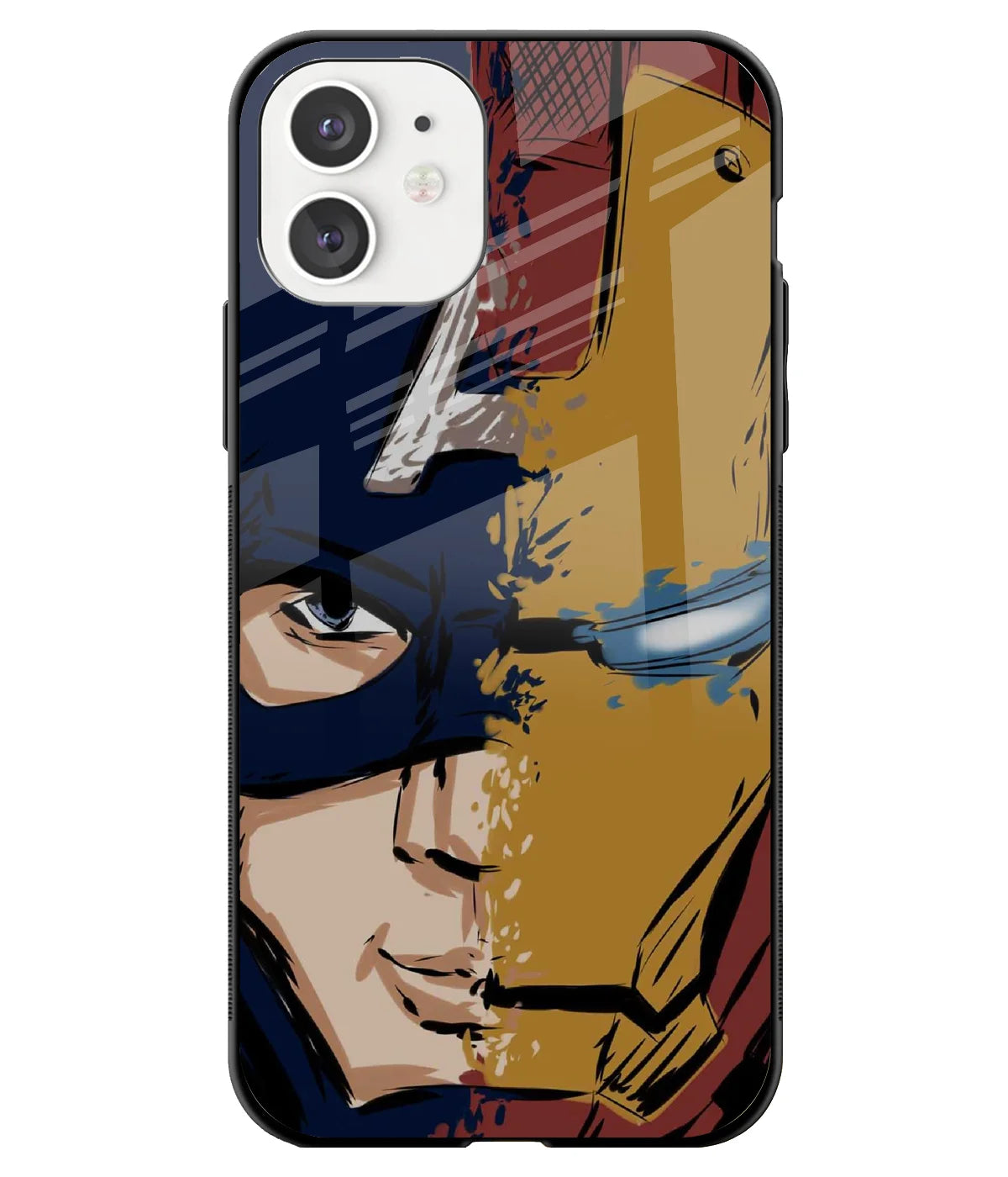 A front-on view of a glass phone case with a colorful design.