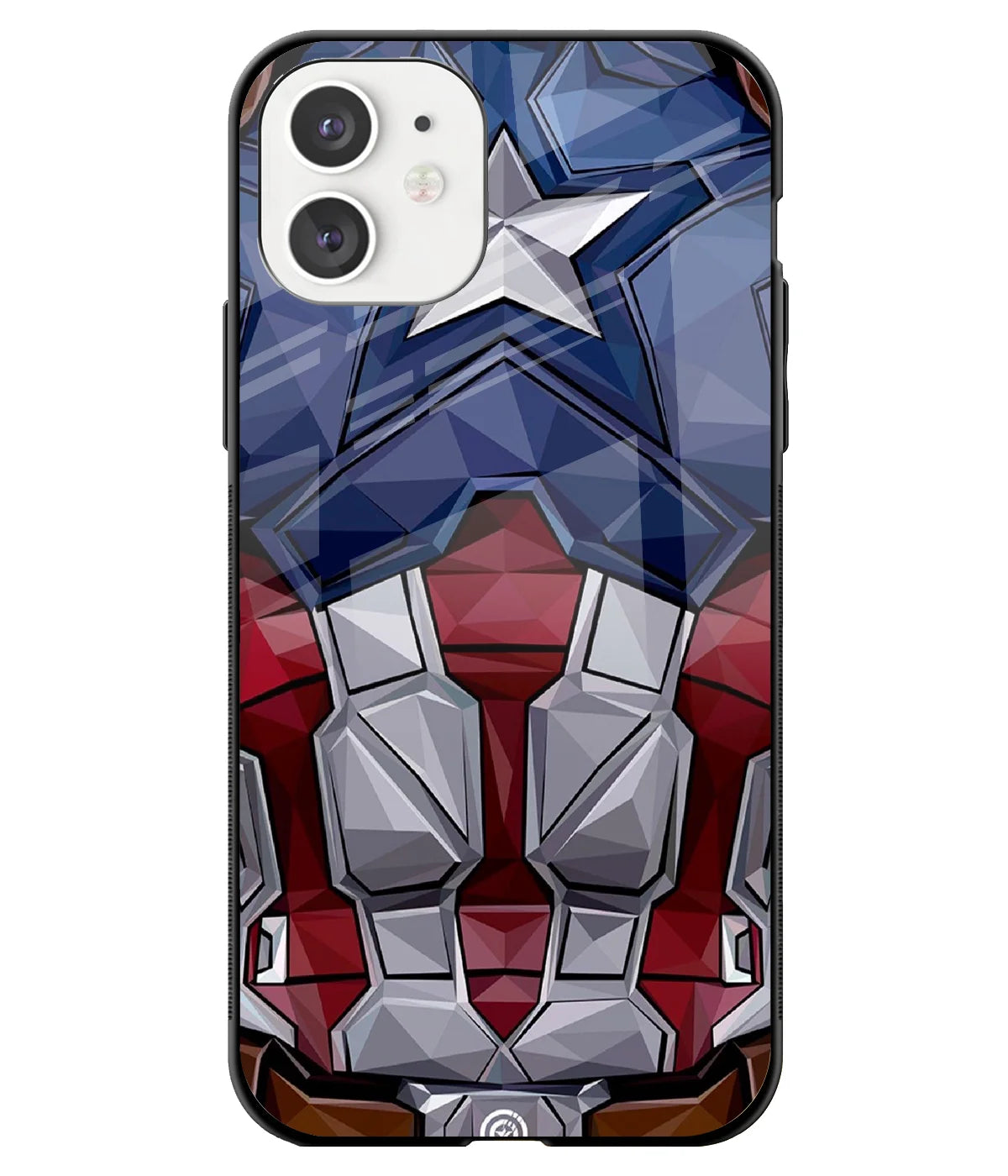 A front-on view of a glass phone case with a colorful design.