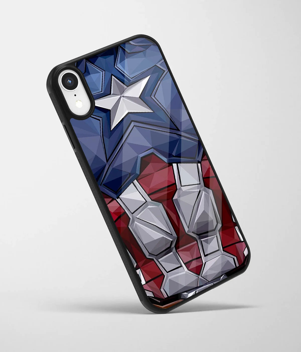 An angled view of a glass phone case featuring a vibrant design.