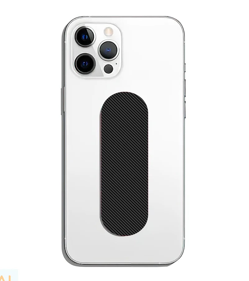 A phone grip slider applied to the back of a smartphone.