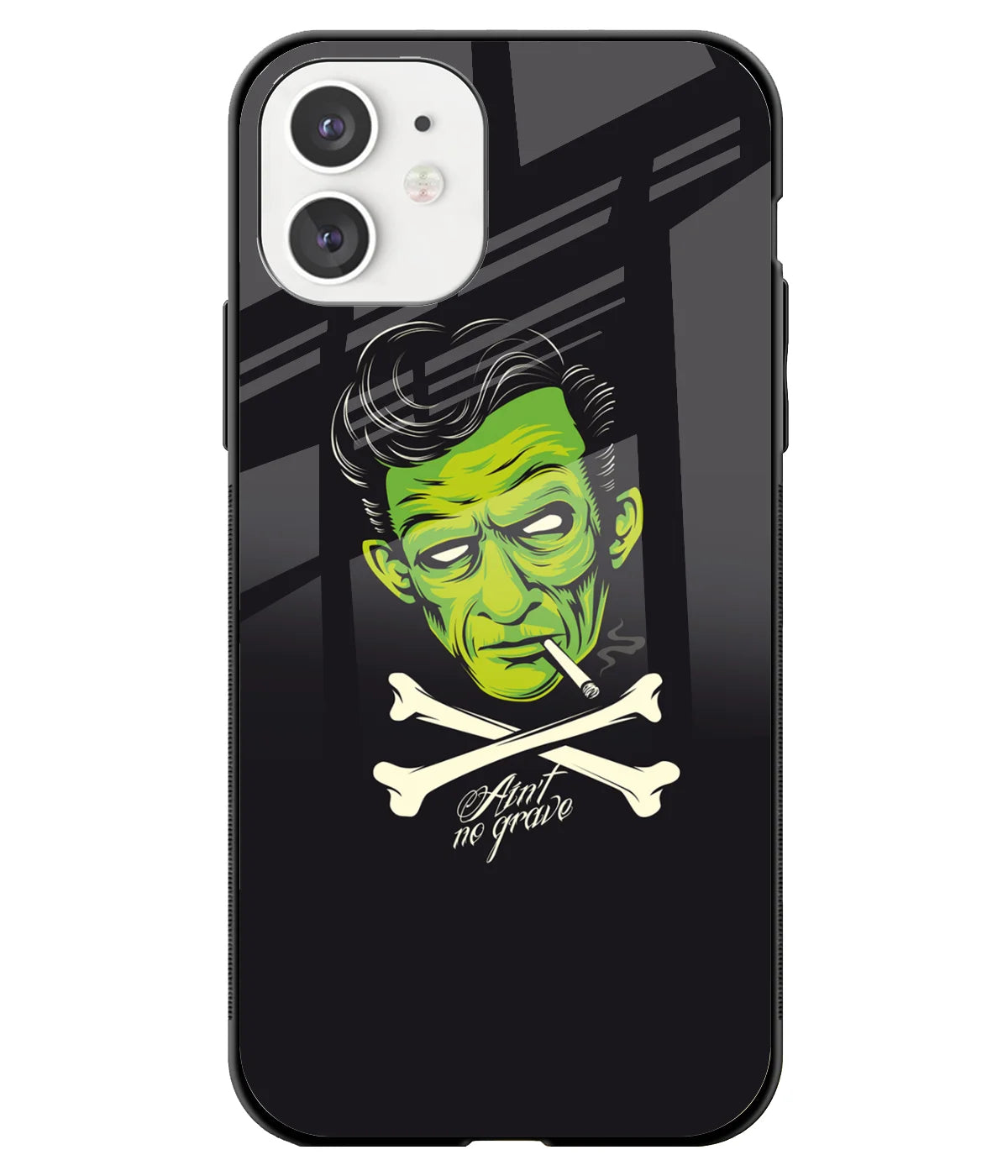A front-on view of a glass phone case with a colorful design.