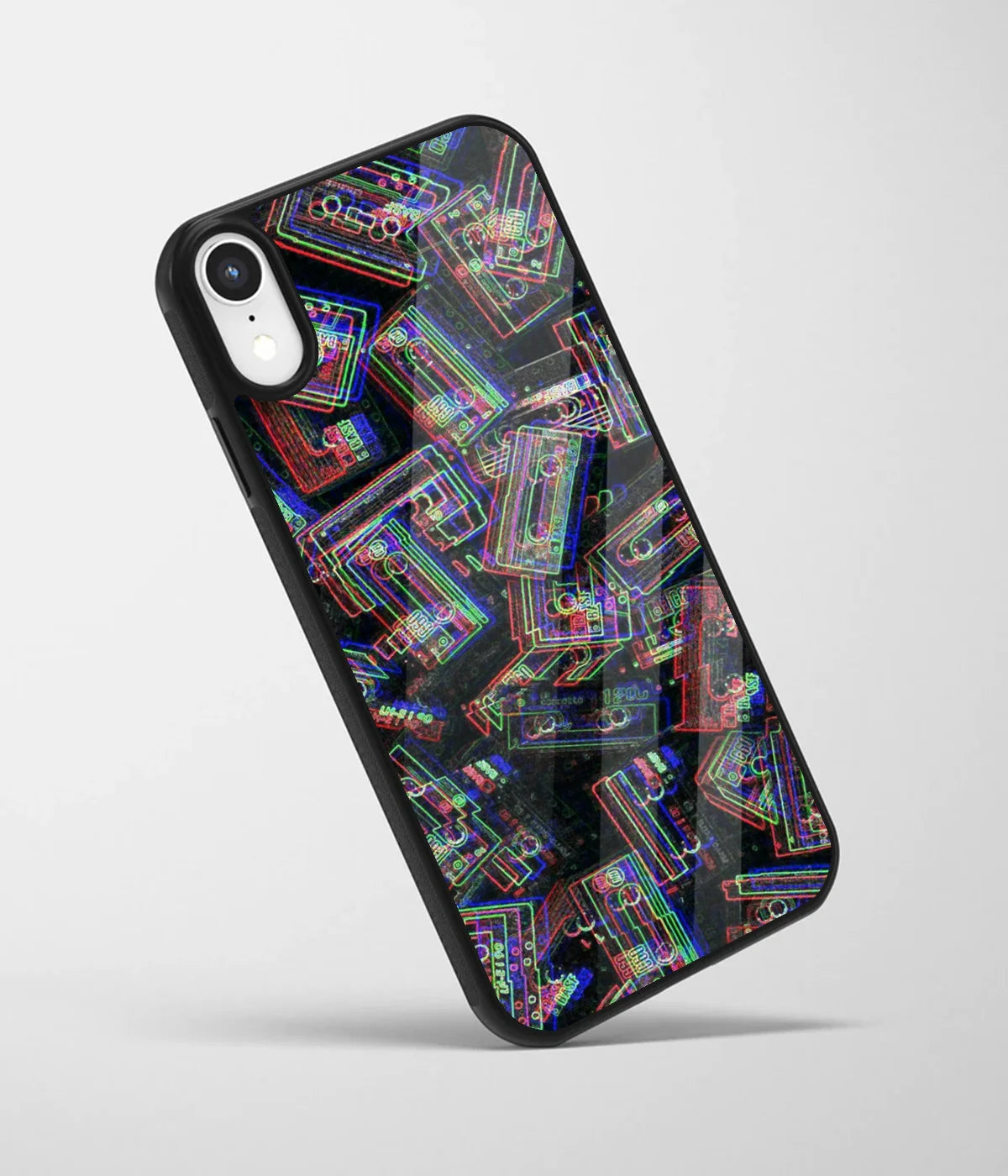 An angled view of a glass phone case featuring a vibrant design.