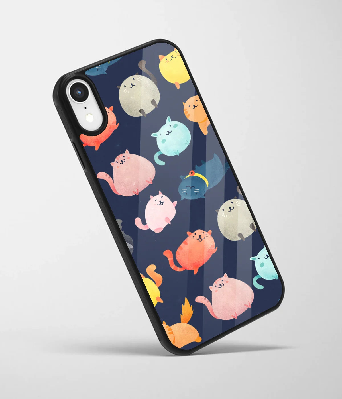 An angled view of a glass phone case featuring a vibrant design.