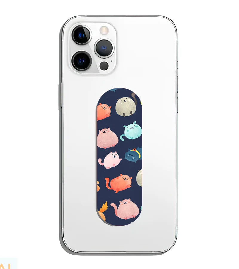 A phone grip slider applied to the back of a smartphone.