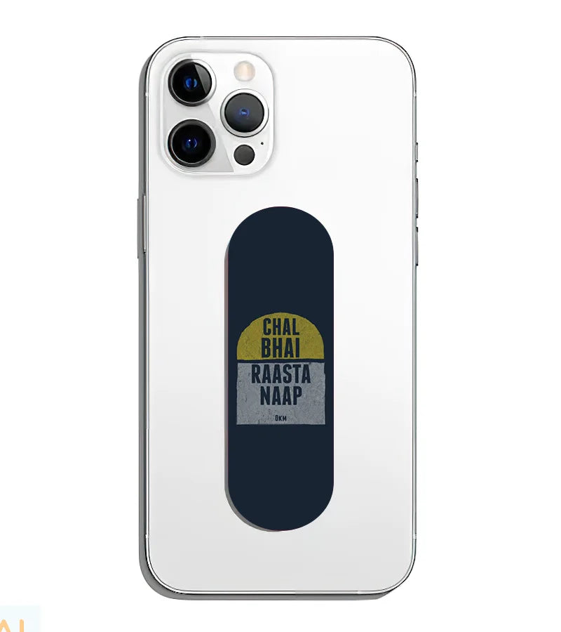 A phone grip slider applied to the back of a smartphone.
