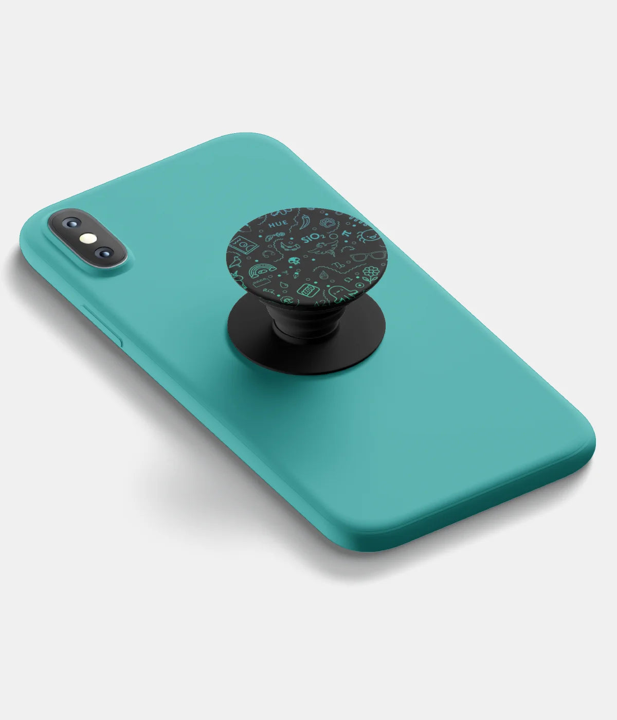 A top-down view of a phone grip holder attached to a mobile phone case on a white background