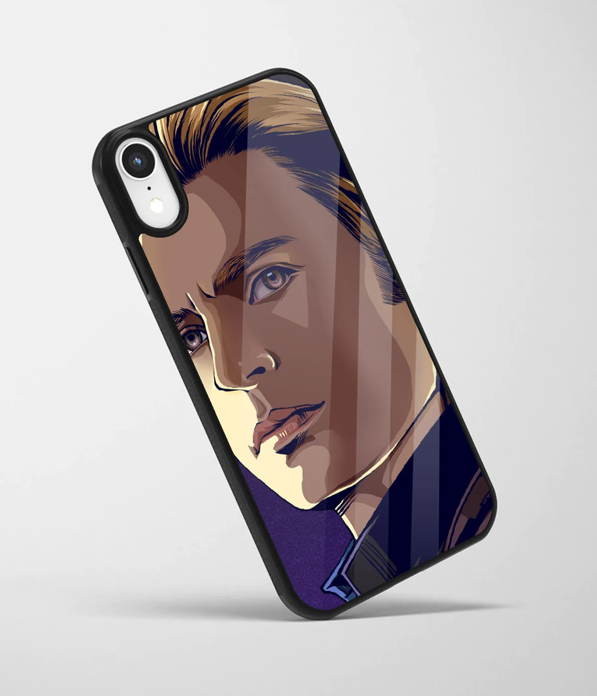 An angled view of a glass phone case featuring a vibrant design.