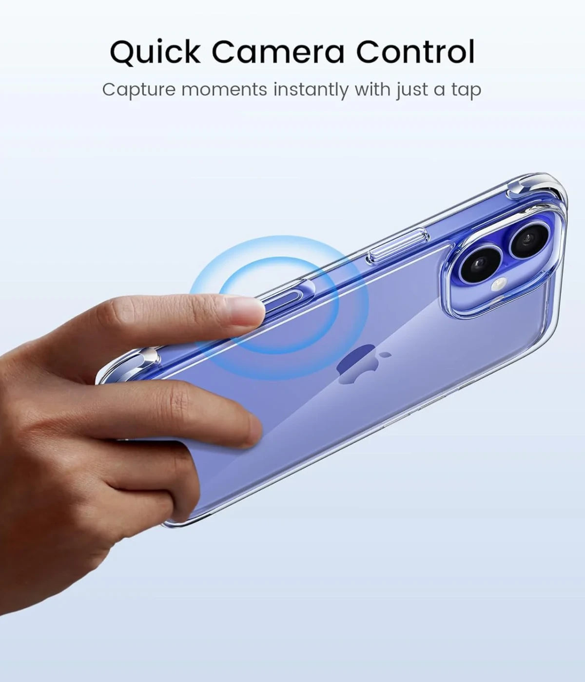 Close-up showing a finger pressing the quick camera control button through a precise clear case cutout.