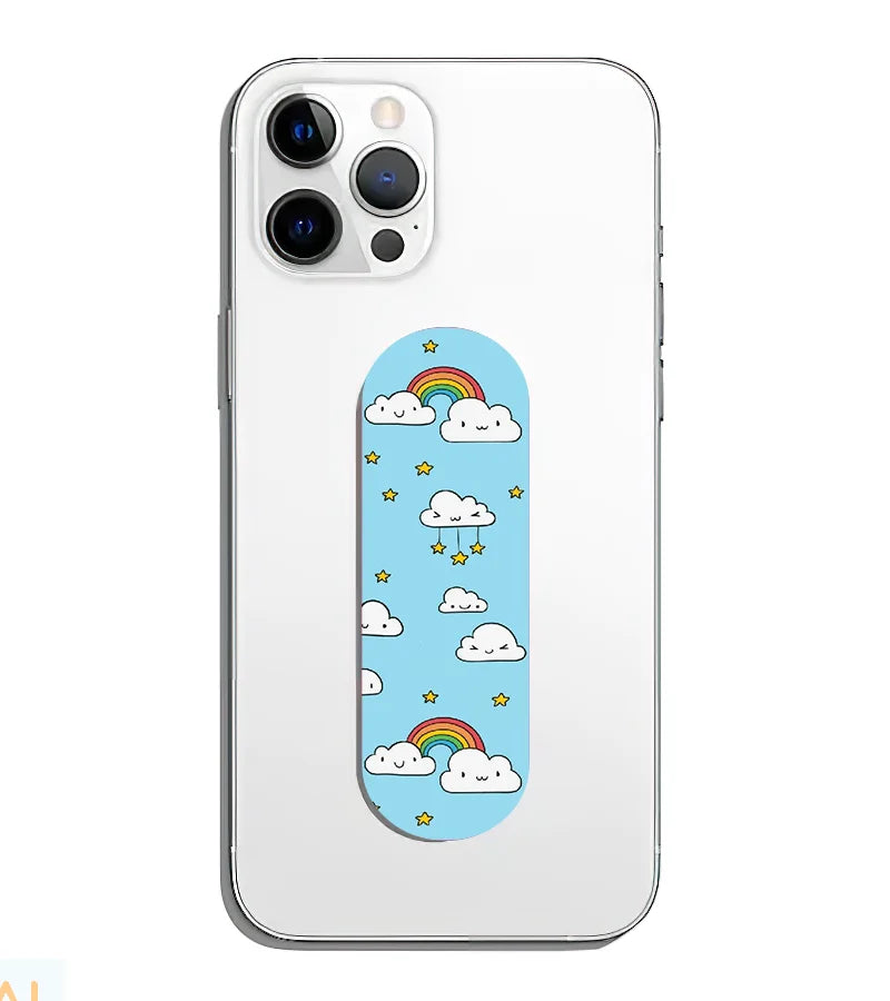 A phone grip slider applied to the back of a smartphone.