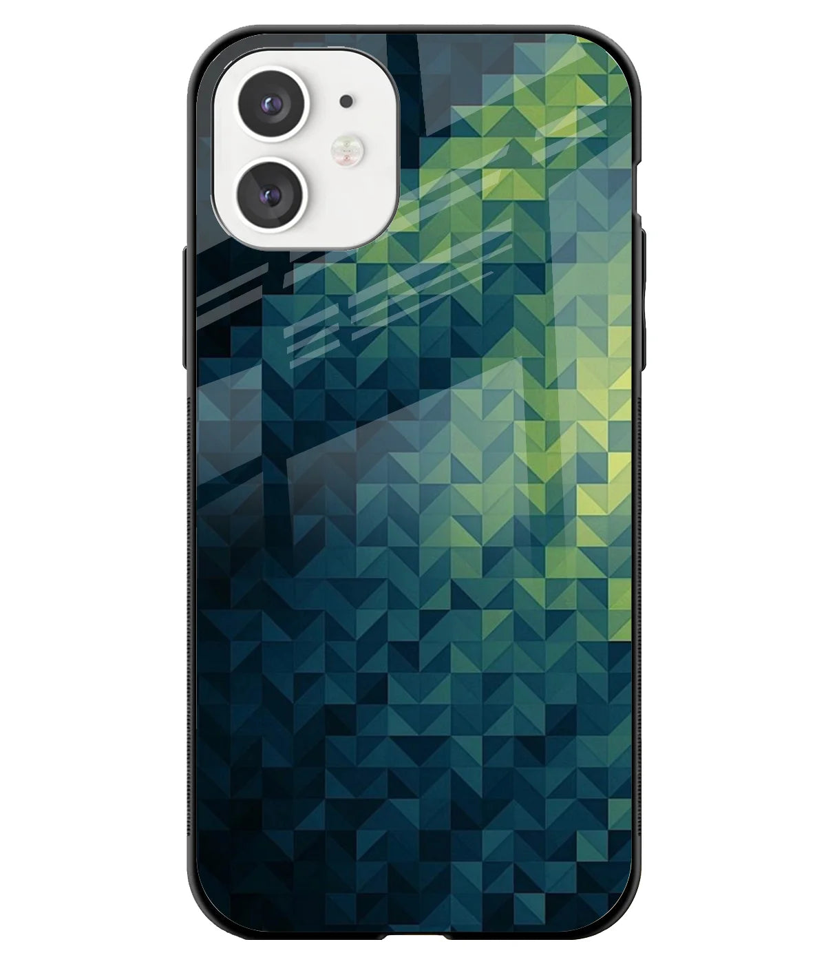 A front-on view of a glass phone case with a colorful design.