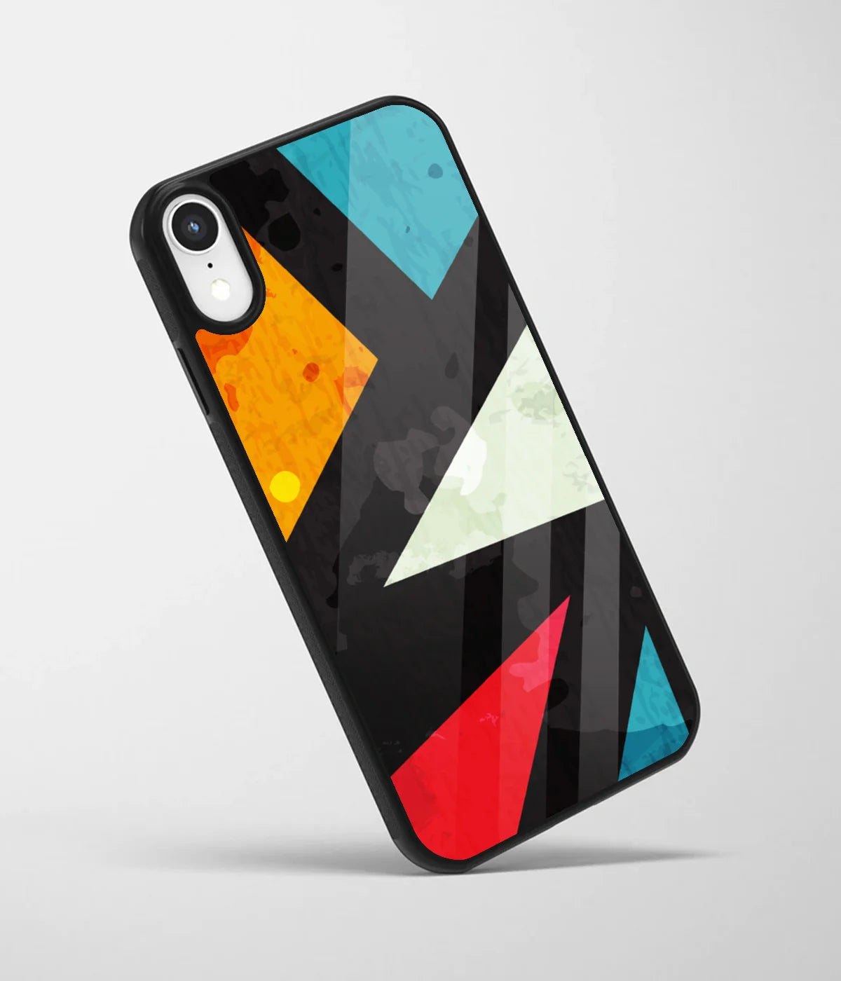 An angled view of a glass phone case featuring a vibrant design.