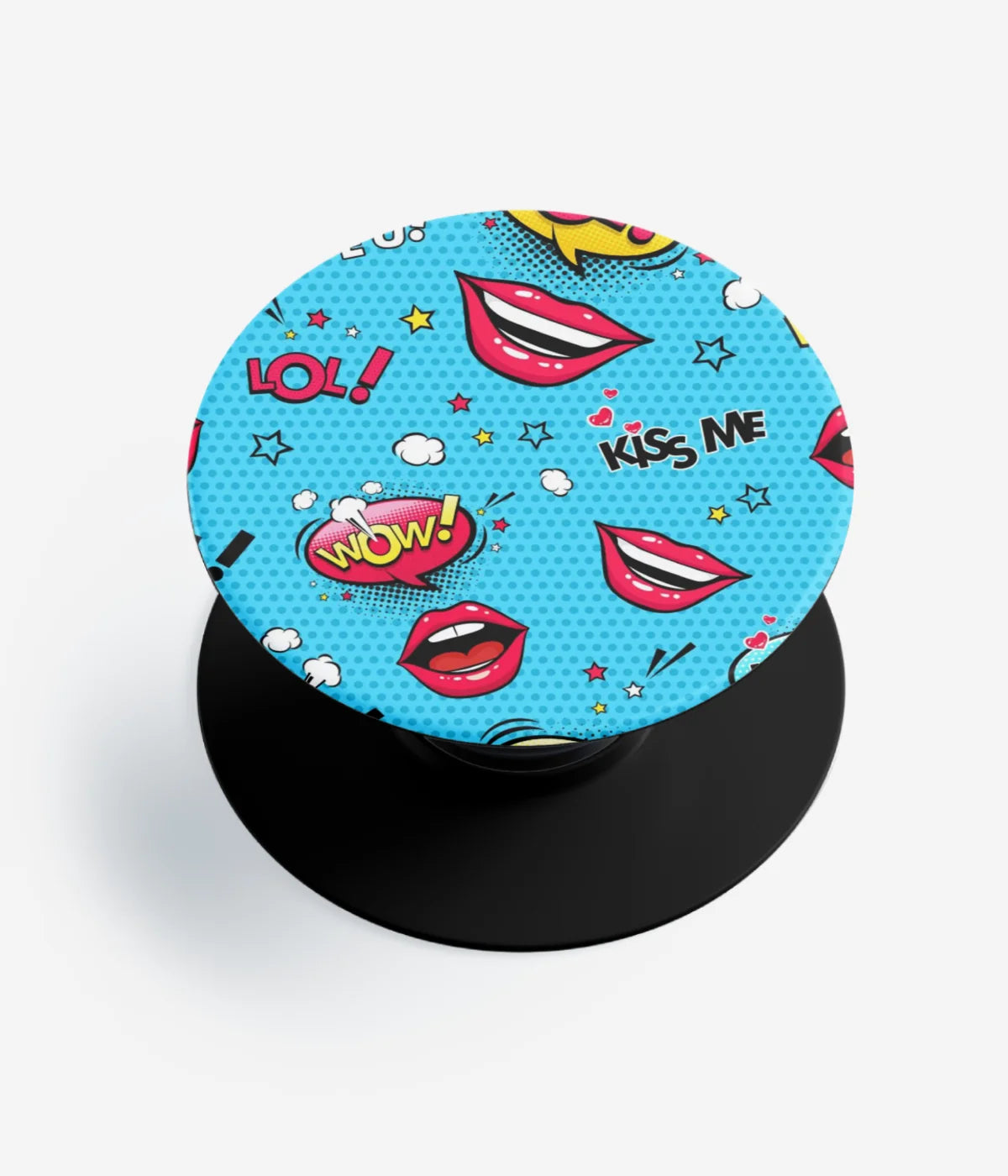 A top-down view of a phone grip holder on a clean white background