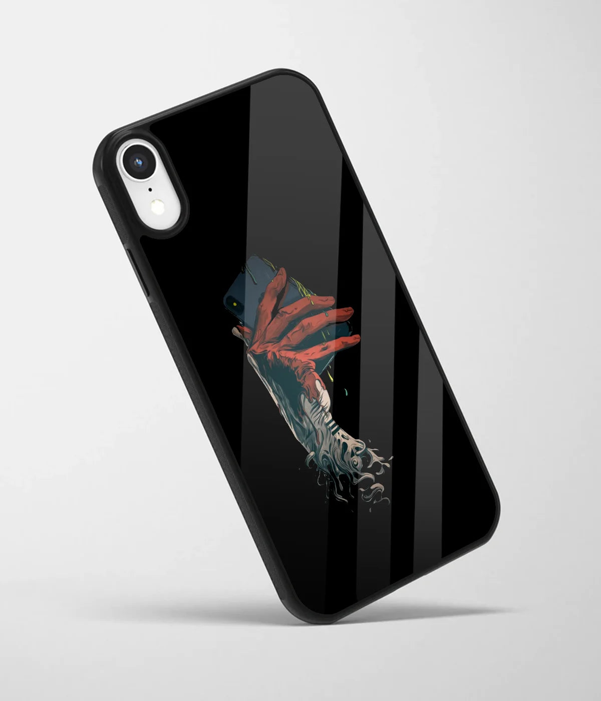 An angled view of a glass phone case featuring a vibrant design.