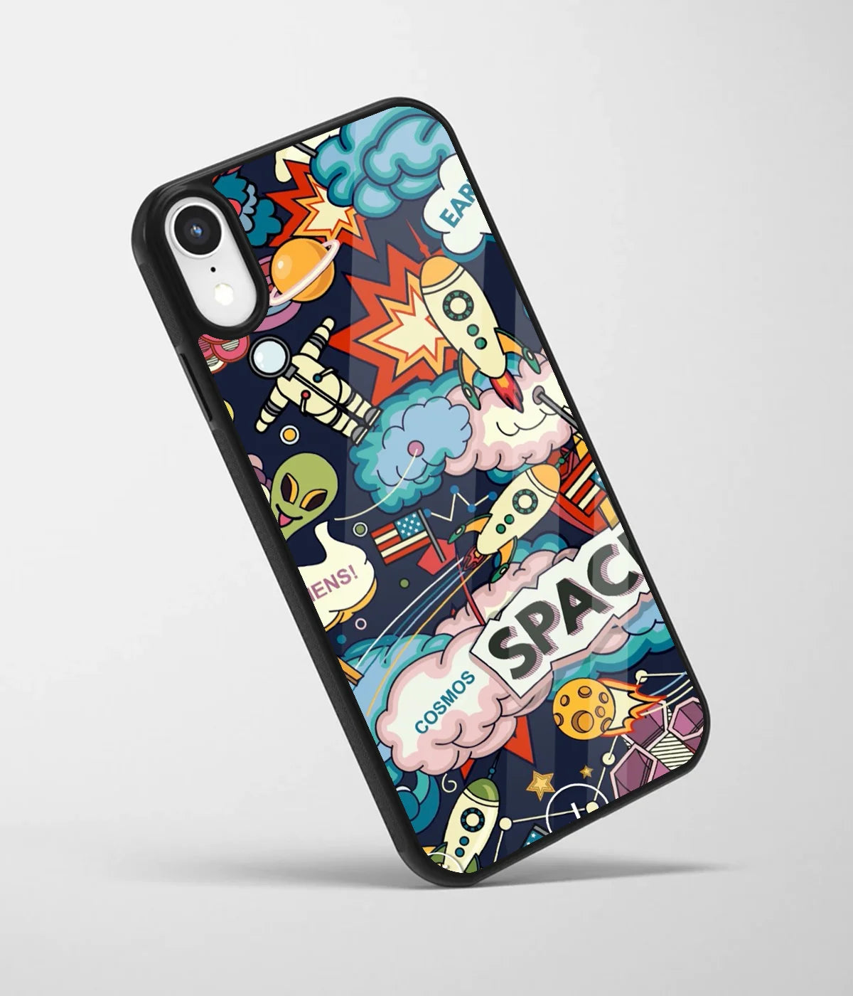 An angled view of a glass phone case featuring a vibrant design.