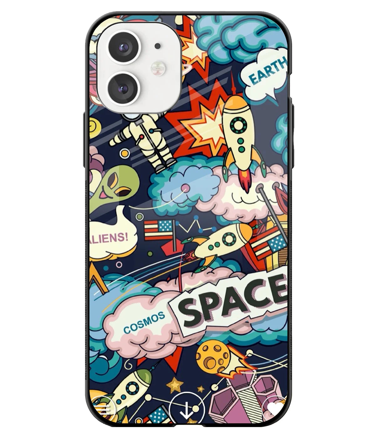 A front-on view of a glass phone case with a colorful design.