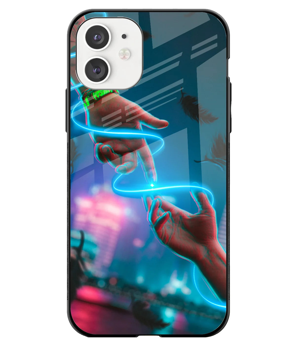 A front-on view of a glass phone case with a colorful design.