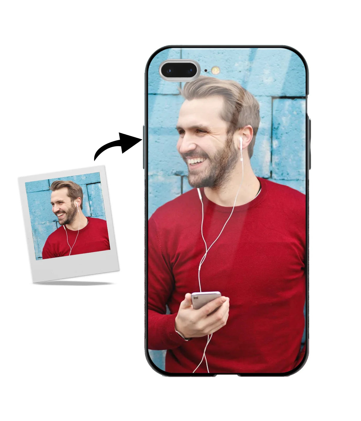 Customized iPhone 7 Plus Glass cover showing a personalized photo print.