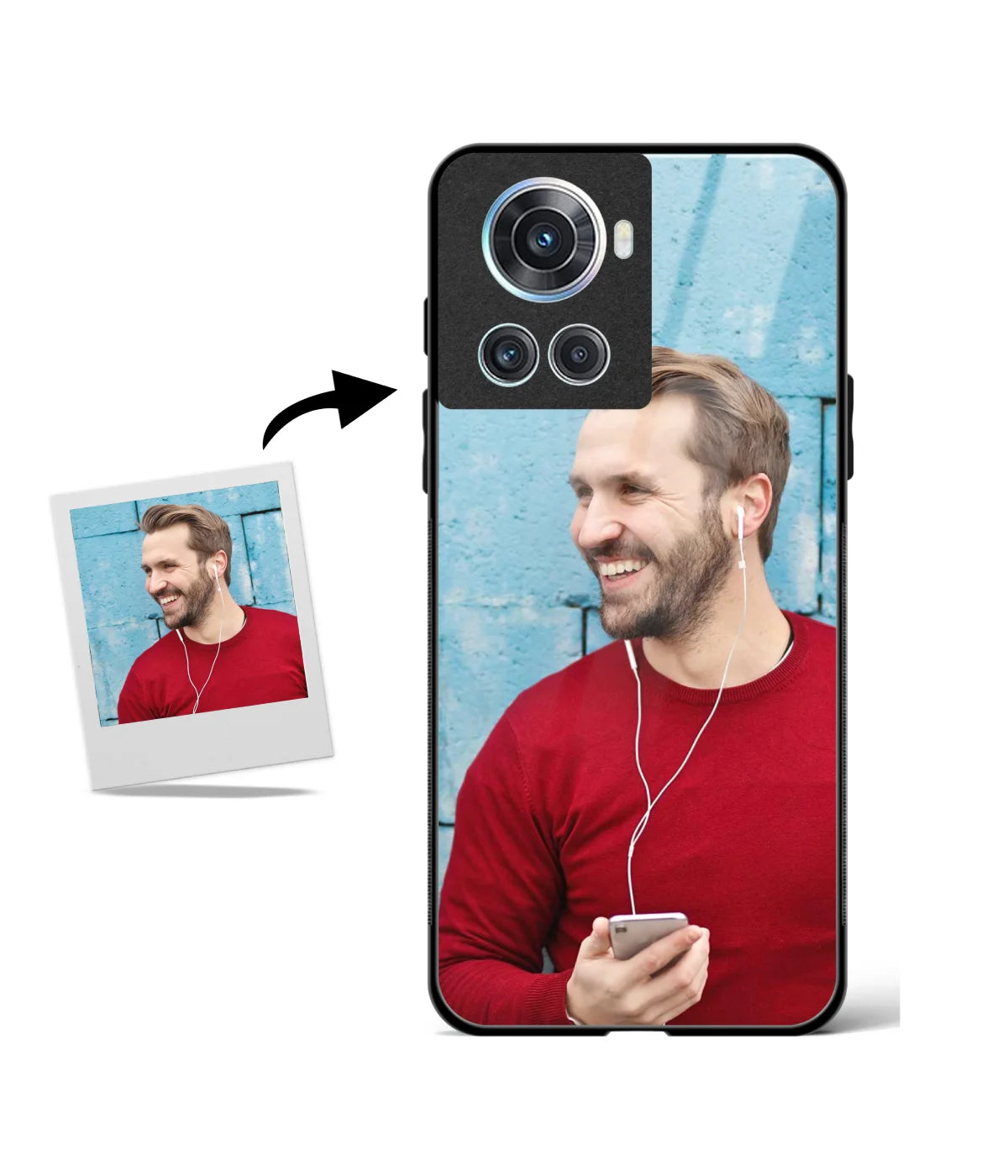 Customized Oneplus 10R 5G Glass cover showing a personalized photo print.