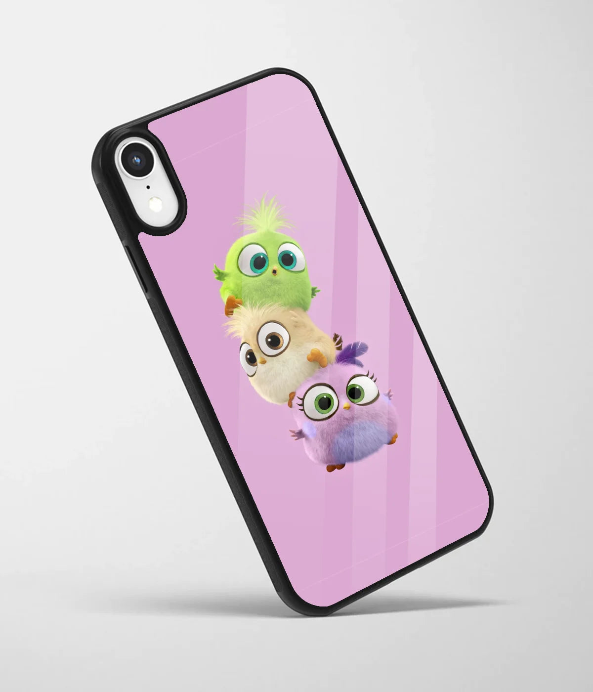 An angled view of a glass phone case featuring a vibrant design.