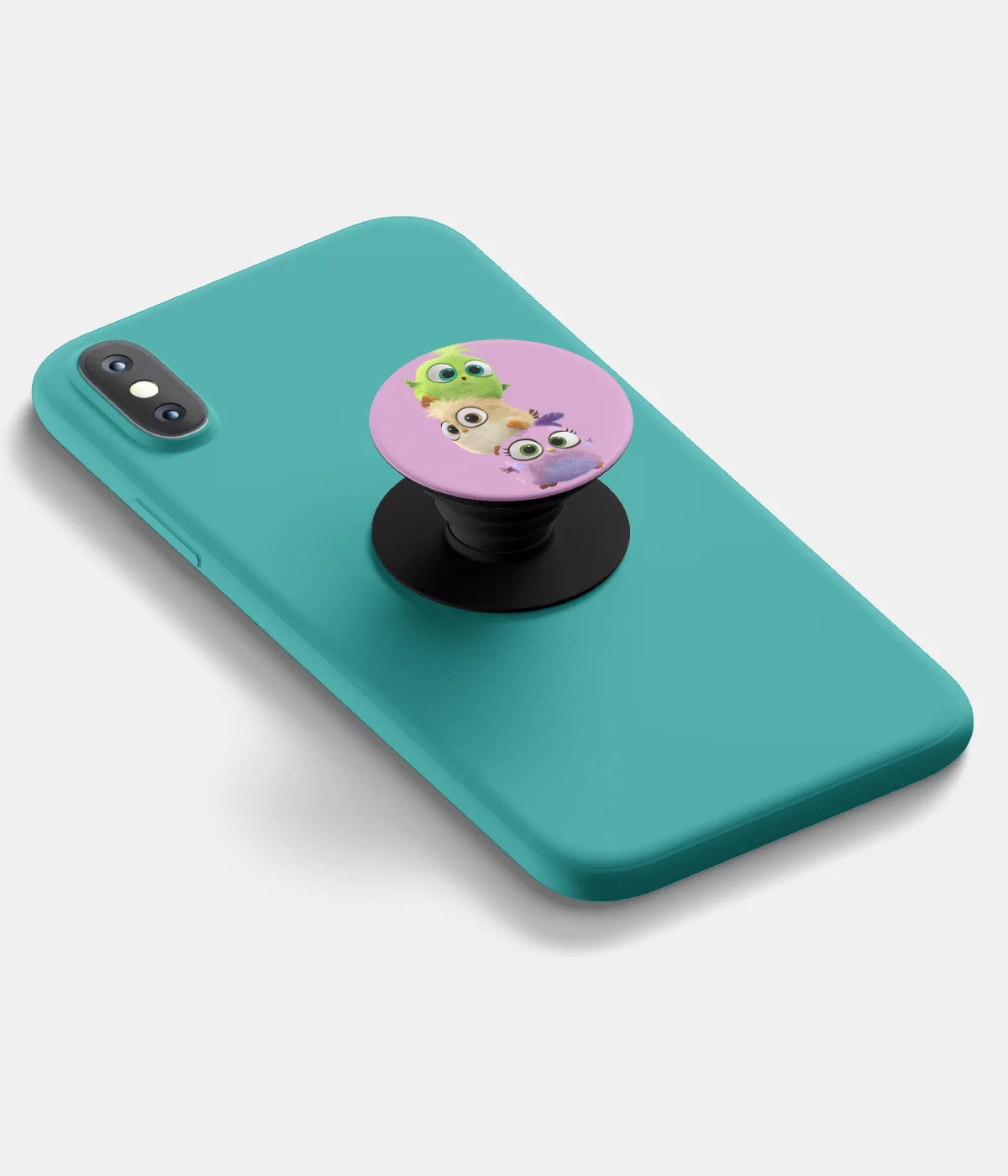 A top-down view of a phone grip holder attached to a mobile phone case on a white background