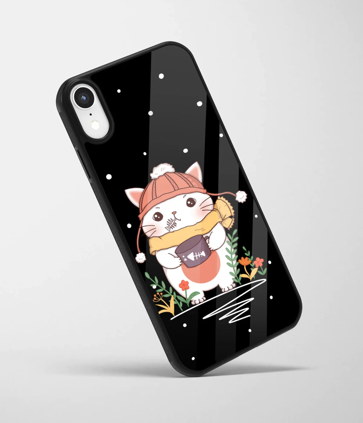 An angled view of a glass phone case featuring a vibrant design.