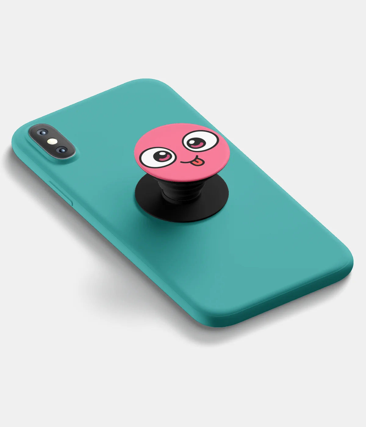 A top-down view of a phone grip holder attached to a mobile phone case on a white background