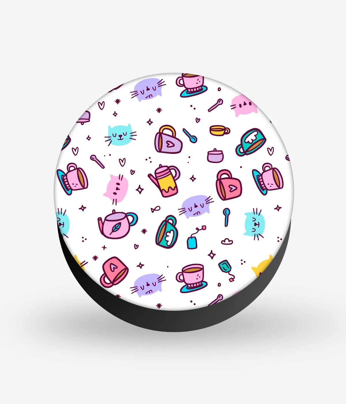 Mobile phone grip with a colorful design on a white background