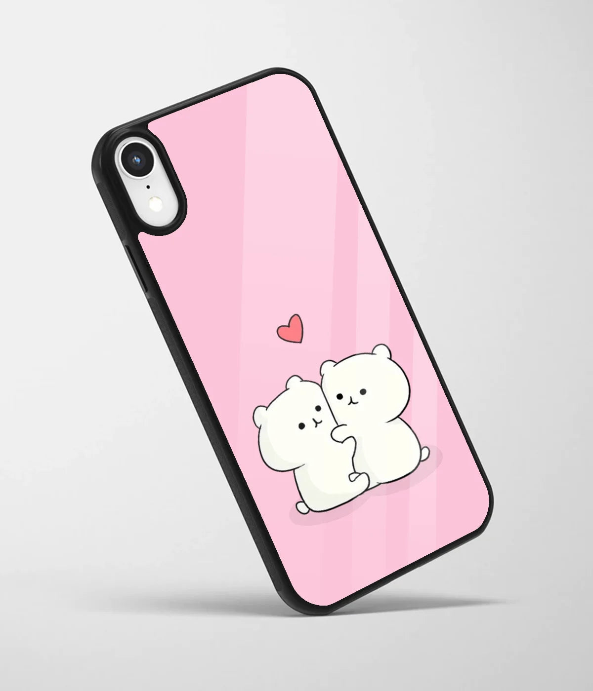 An angled view of a glass phone case featuring a vibrant design.