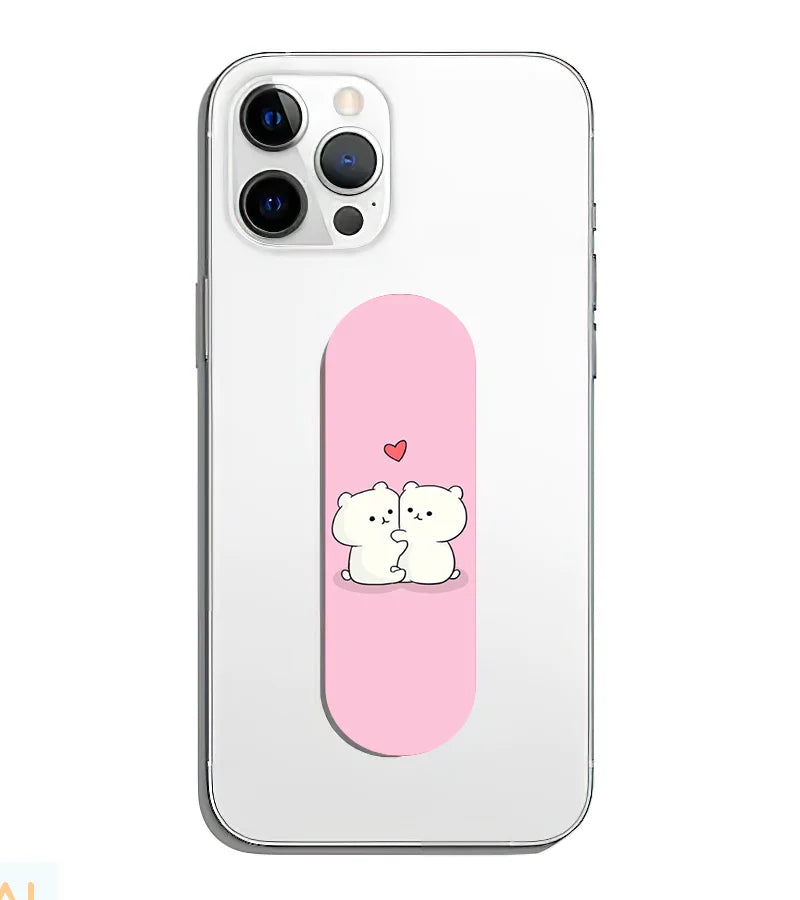 A phone grip slider applied to the back of a smartphone.
