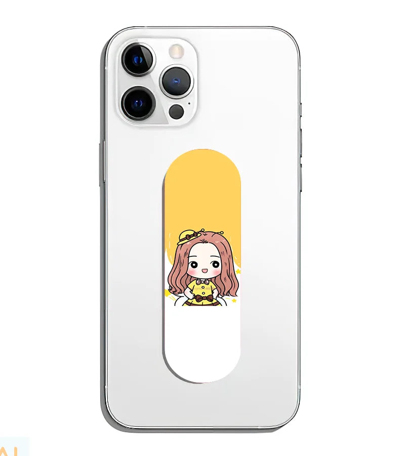 A phone grip slider applied to the back of a smartphone.
