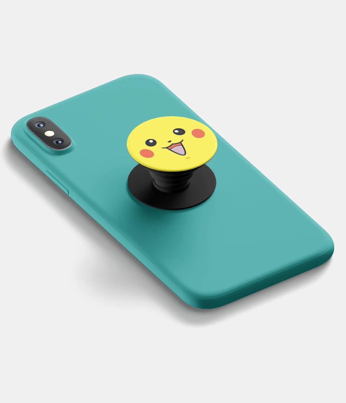 A top-down view of a phone grip holder attached to a mobile phone case on a white background