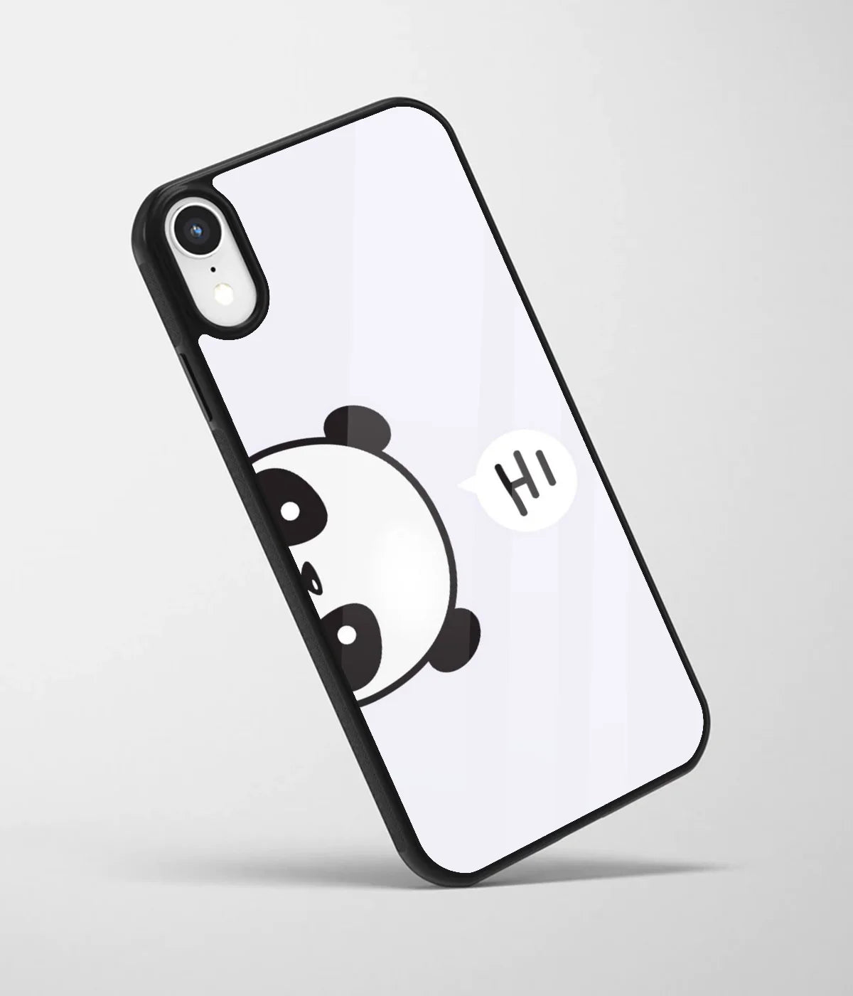 An angled view of a glass phone case featuring a vibrant design.