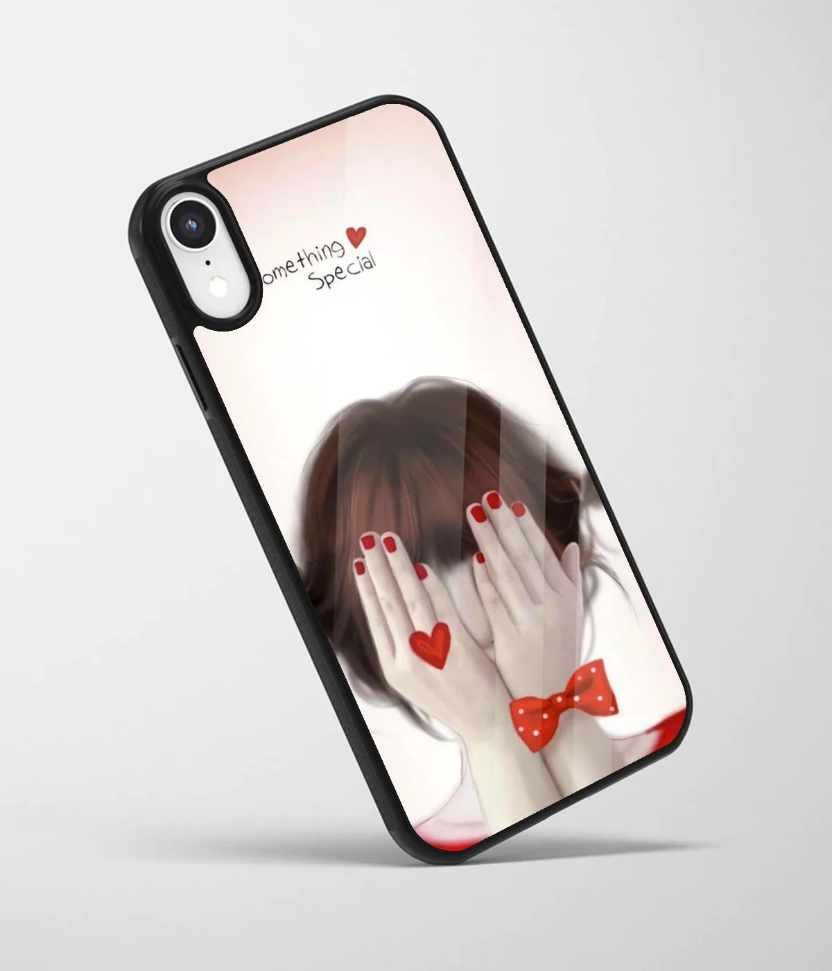 An angled view of a glass phone case featuring a vibrant design.