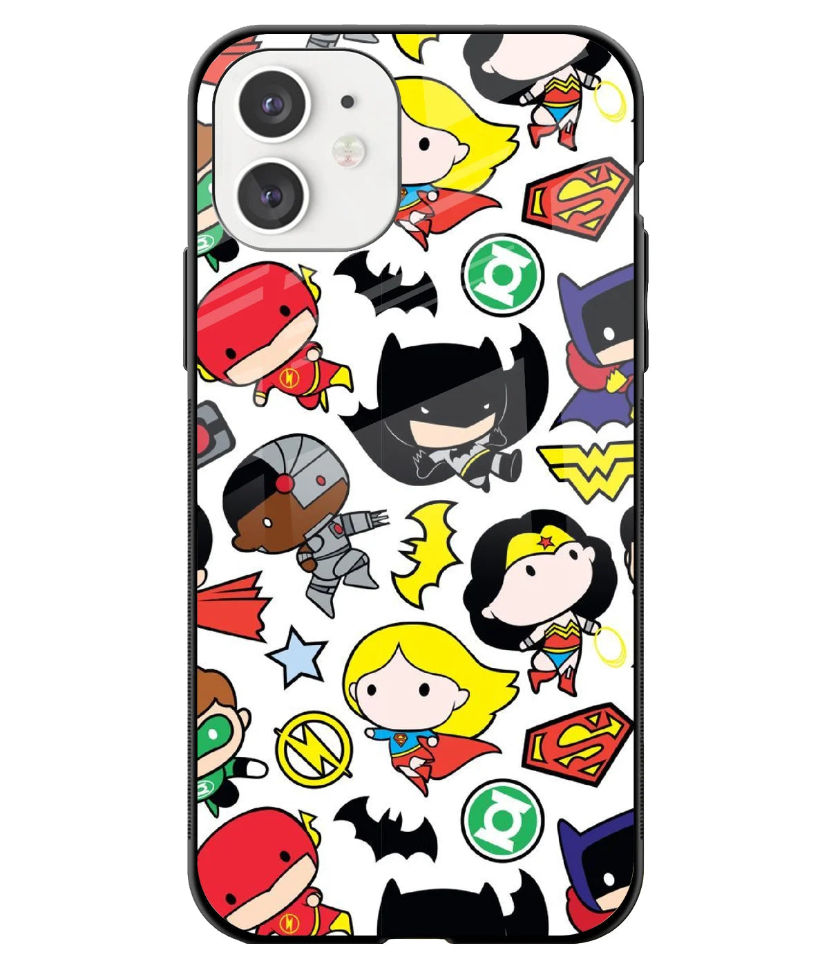 A front-on view of a glass phone case with a colorful design.